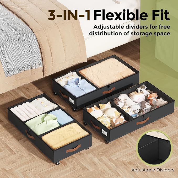 LAMU Under Bed Storage with Wheels, 2 Pack Under Bed Storage Containers with Clear Lids & Label, Rolling Under Bed Drawers for Clothes, Shoes, Blankets, Black
