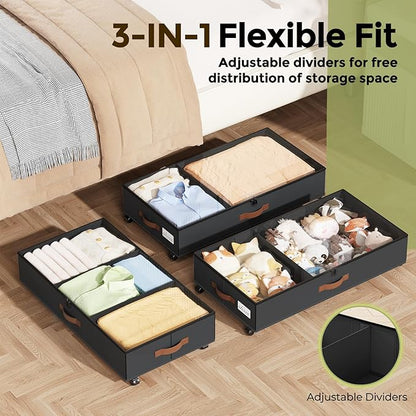 LAMU Under Bed Storage with Wheels, 2 Pack Under Bed Storage Containers with Clear Lids & Label, Rolling Under Bed Drawers for Clothes, Shoes, Blankets, Black