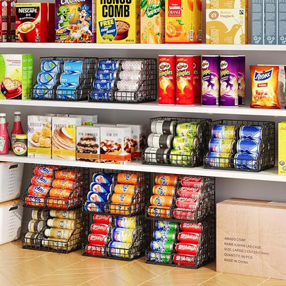 JKsmart 4 Pack Stackable Can Organizer for Pantry with Adjustable Dividers, Soda Can Organizer, Can Storage Dispenser Holds up to 56 Cans, Metal Wire Baskets Can Holder for Kitchen Cabinet Pantry