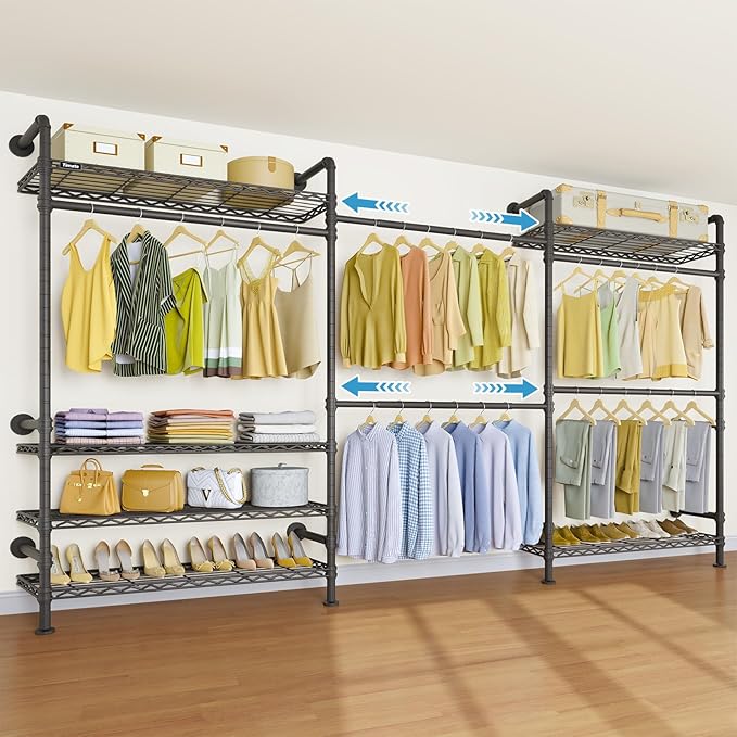 Timate F3 Plus Wall Mounted Clothes Rack Industrial Pipe Clothing Rack for Hanging Clothes, Heavy Duty Clothes Rack with Shelves, Expandable Garment Rack Wall Closet System, Black Pipe Closet Kit