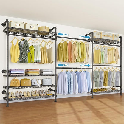 Timate F3 Plus Wall Mounted Clothes Rack Industrial Pipe Clothing Rack for Hanging Clothes, Heavy Duty Clothes Rack with Shelves, Expandable Garment Rack Wall Closet System, Black Pipe Closet Kit