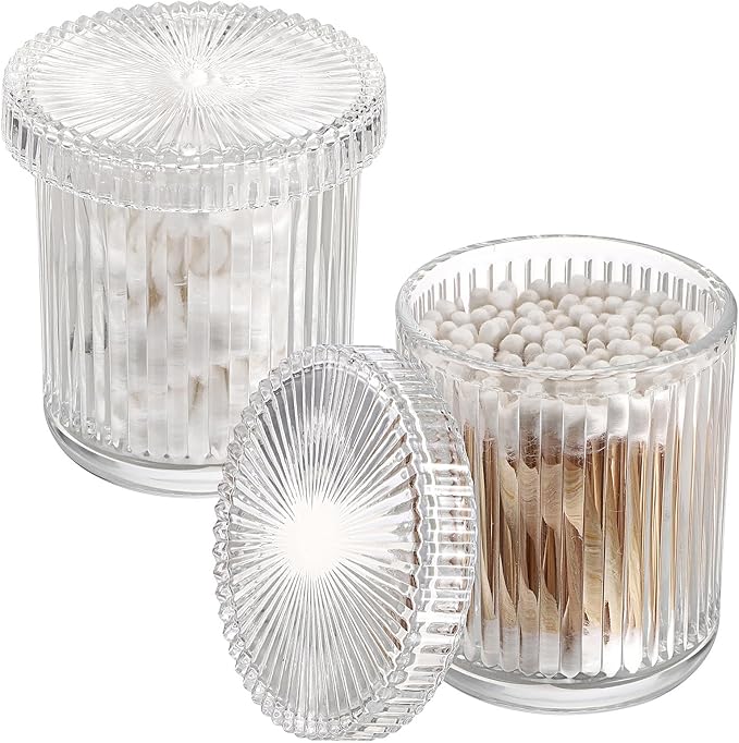 Hipiwe Glass Qtip Holder Dispenser - 2 Pcs Apothecary Jars Set with Lid, Clear Cotton Swabs and Balls Canister, Vanity Makeup Organizers and Storage Bathroom Essentials Accessories Decor