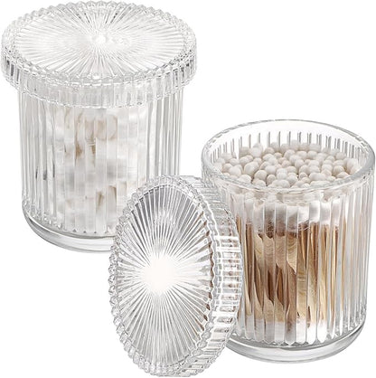 Hipiwe Glass Qtip Holder Dispenser - 2 Pcs Apothecary Jars Set with Lid, Clear Cotton Swabs and Balls Canister, Vanity Makeup Organizers and Storage Bathroom Essentials Accessories Decor