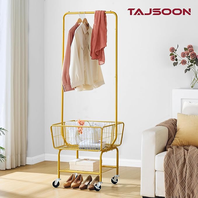 Tajsoon Laundry Cart with Wheels, Metal Rolling Laundry Hamper with Hanging Rack, Storage Basket and Shelf, Gold