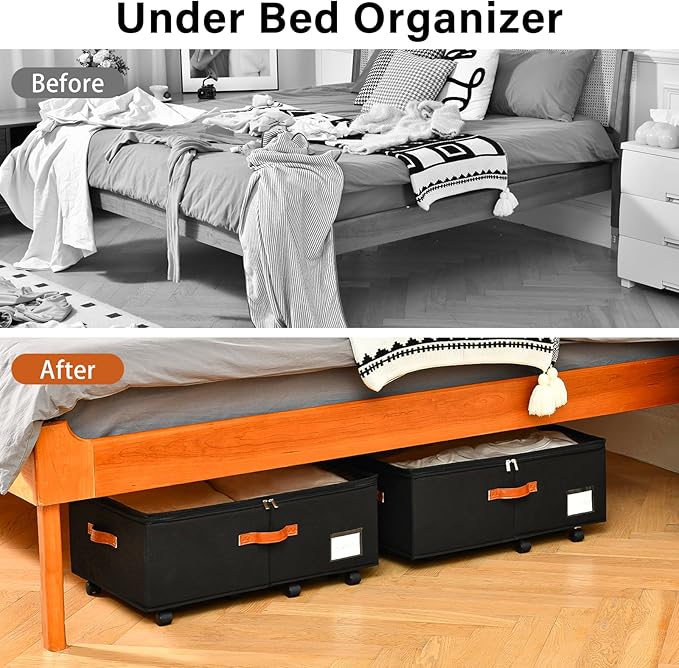 Freebat Under Bed Storage Organizer with Wheels, Underbed Container with Clear Lid Cover, Storage Bag Box with Visiable Window for Clothes, Bedsheet, Pillow, 2 Pack