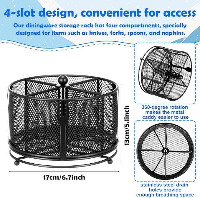 360° Rotating Silverware Utensil Caddy Holder with 4 Compartments Black Metal Mesh Silverware Caddy for Spoon Fork Holder Party Kitchen Countertop Buffet Picnic Camping Outdoor Barbecue