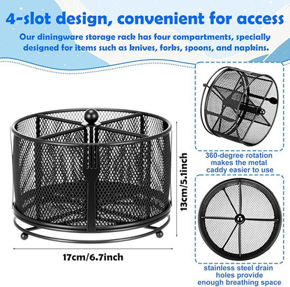 360° Rotating Silverware Utensil Caddy Holder with 4 Compartments Black Metal Mesh Silverware Caddy for Spoon Fork Holder Party Kitchen Countertop Buffet Picnic Camping Outdoor Barbecue