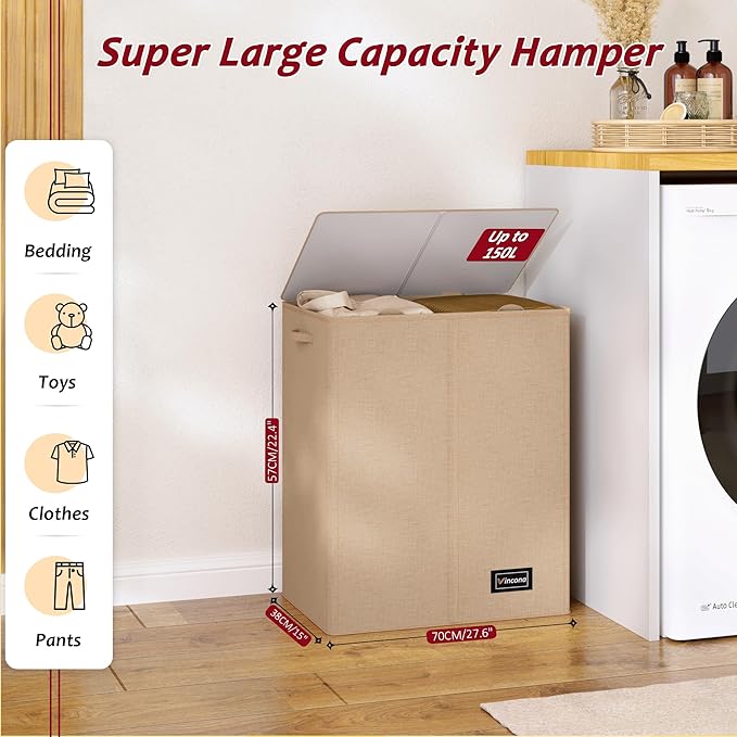 150L Laundry Hamper 2 Section, Large Laundry Hamper with Lid, Dirty Clothes Hamper with 2 Removable Inner Bags, Collapsible Laundry Basket Organizer for for Clothes Toys Towels, Hamper 2 Compartment