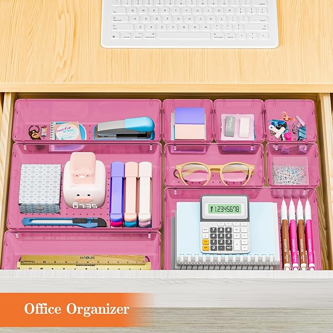 SpaceHacks 25 PCS Plastic Drawer Organizer Set, 4-Size Versatile Organizer Trays & Storage Bins for Makeup, Jewelry, and Gadgets in Bathroom, Bedroom and Office, Clear Pink