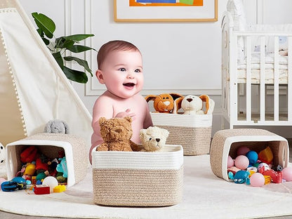 Set of 4 Rope Basket for Shelves Woven Rectangle Storage Basket Bins for Nursery Toy Storage for Baby Girl