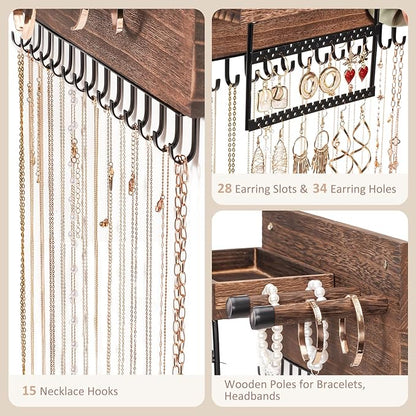 Lolalet Wall Mounted Hanging Jewelry Organizer, 15 Hooks Wooden Necklaces Holder with Storage Shelf, Easy Install Earrings Bracelets Hanger -Brown