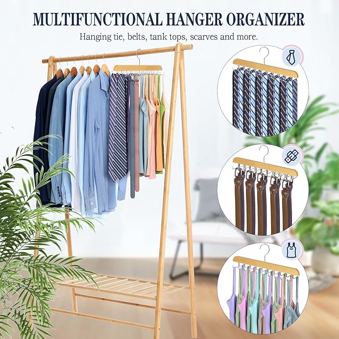2 Pack Tie Rack Belt Hanger for Closet Fitnice Upgraded Non Slip Tie Hanger Space Saving with 20 Foldable Hooks Wooden Belt Tie Organizer for Tank Tops Bras Cami Scarves