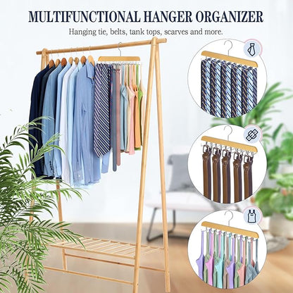 2 Pack Tie Rack Belt Hanger for Closet Fitnice Upgraded Non Slip Tie Hanger Space Saving with 20 Foldable Hooks Wooden Belt Tie Organizer for Tank Tops Bras Cami Scarves