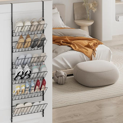 SWTYMIKI Over The Door Shoe Organizer - Adjustable 6 Tier Hanging Shoe Rack Organizer, Metal Heavy Duty Behind Door Storage or Wall Mount Shoes Shelf for Flats, Heels, Sneakers, Boots