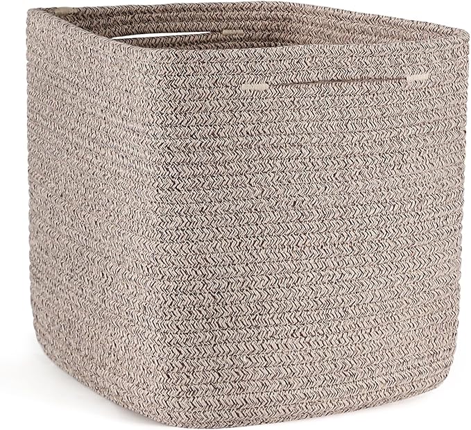Cube Storage Bins 11 Inch Shelf Cotton Rope Baskets for Organizing, Woven Storage Basket - For Magazines, Living Room, Closet, Brown 1 Pack
