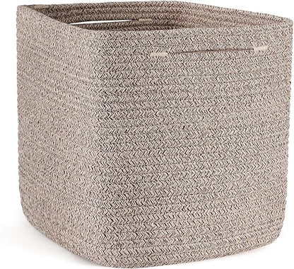 Cube Storage Bins 11 Inch Shelf Cotton Rope Baskets for Organizing, Woven Storage Basket - For Magazines, Living Room, Closet, Brown 1 Pack