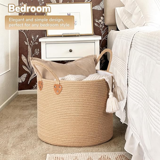 CHICVITA 50L Blanket Basket Living Room, Wicker Laundry Baskets for Home Decor, Baby Toy Basket with Handles, Large Nursery Hamper for Blankets Towels Clothes, 16" X 16" X 14", Jute Brown