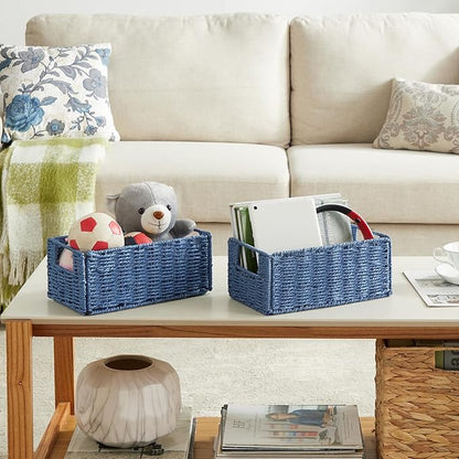 Vagusicc Wicker Storage Basket, Set of 2 Hand-Woven Paper Rope Wicker Basket, Small Storage Baskets for Organizing Toilet Paper Basket, Foldable Large Cube Storage Organizer Bins for Shelves (Blue)