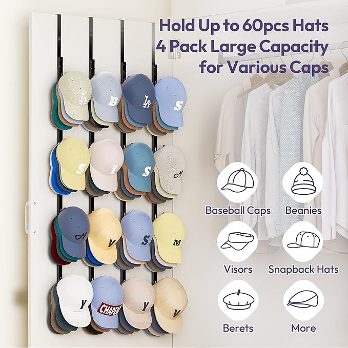 SWTYMIKI Over Door Hat Rack - 4 Packs Metal Hanging Hat Organizer with 16 Hooks Design, Baseball Cap Hanger Organizer Storage Holds up to 80 Caps for Door, Bedroom, Closet