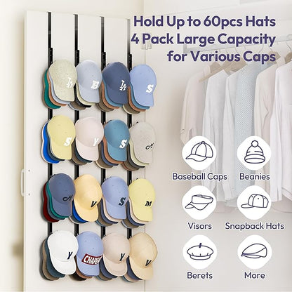 SWTYMIKI Over Door Hat Rack - 4 Packs Metal Hanging Hat Organizer with 16 Hooks Design, Baseball Cap Hanger Organizer Storage Holds up to 80 Caps for Door, Bedroom, Closet