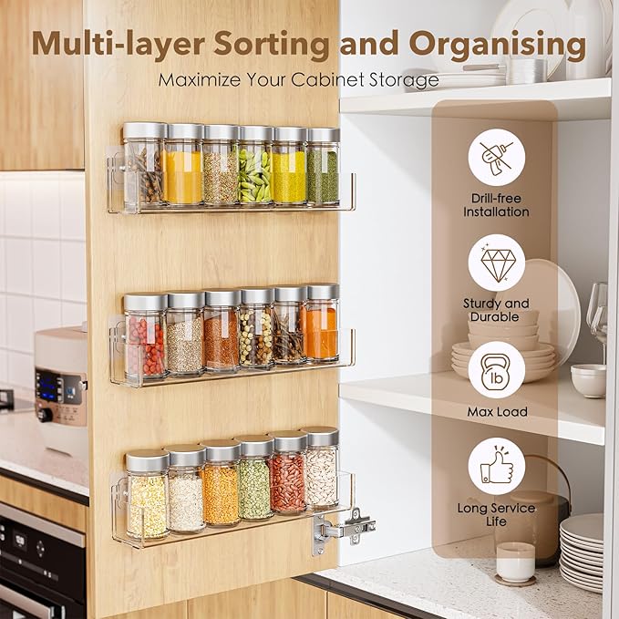Transparent Acrylic Adhesive Spice Rack with Strong Adhesive Tape, Suitable for Kitchen Cabinet, Refrigerator, Pantry, Wall-Mounted Seasoning Rack (2 Pack) Remove Matte Protective Film Before Use
