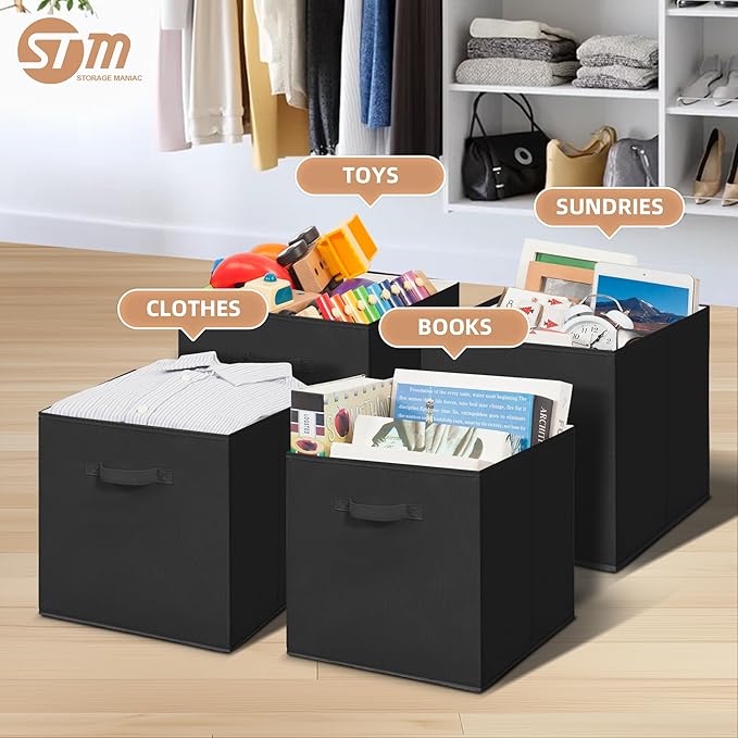 STORAGE MANIAC Storage Cubes, 13 Inch Collapsible Storage Bins with Handles, 10 Pack Fabric Foldable Bins for Organization, Durable Storage Bins for Closet, Shelves, Offices, Toys, 10-Pack Black