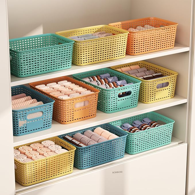 Colorful Plastic Storage Baskets with Lids 8 Pack Stackable Storage Bins Containers for Shelves Organizing, Colored Cute Decorative Storage Boxes for Classroom, Playroom, Closet, Pantry