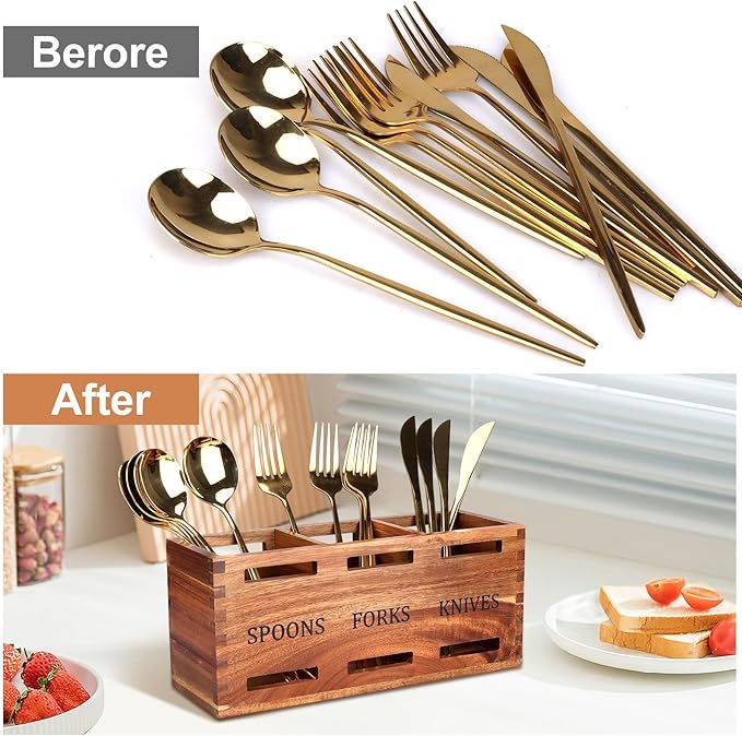 Acacia Wood Silverware Caddy Wooden Flatware Cutlery Holder Silverware Organizer Storage Small Utensil Holder for Kitchen Counter Spoon and Fork Holder Flatware Utensil Caddy for Party