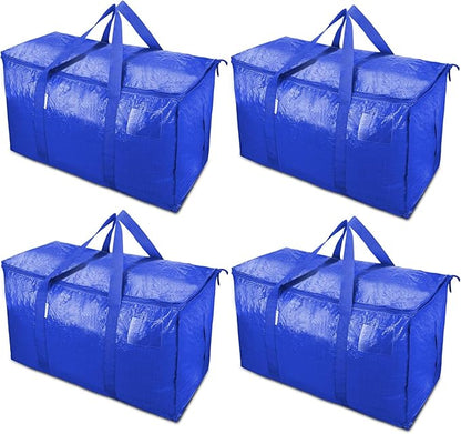 TICONN 4 Pack Extra Large Moving Bags Heavy Duty with Zippers & Carrying Handles, Durable Storage Bags Moving Boxes for Closet Organizers and Storage (4 Pack, Blue)
