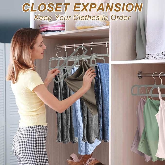 Pants Hangers Space Saving, 30 Pack Velvet Hangers for Closet with 30 Hooks, Strong Durable Non Slip Slim Clothes Hanger, Ultra Soft Flocked Hanger for Pants, Shirts, Bra, Shorts (Grey)