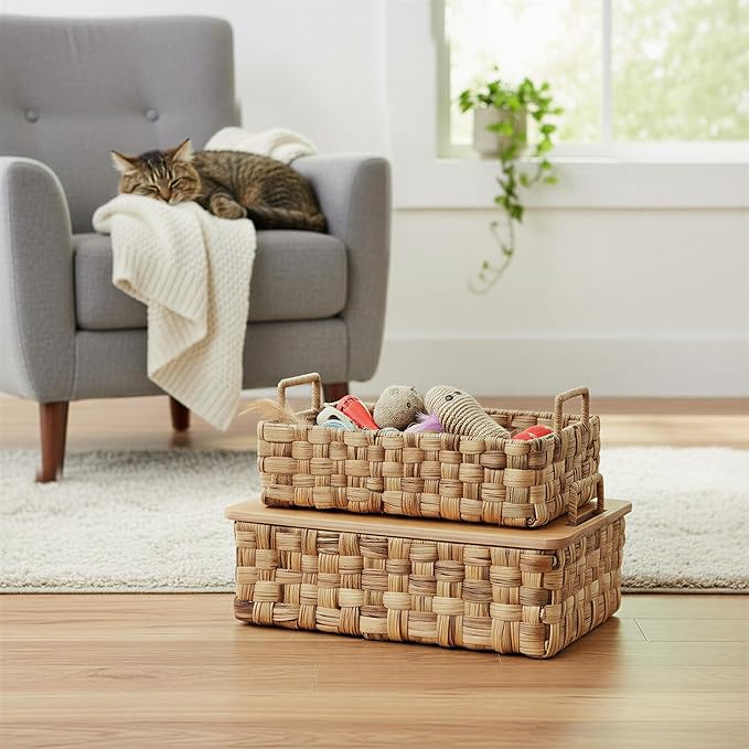 Household Essentials Stackable Hyacinth Baskets with Oak Lids, Natural, Set of 2