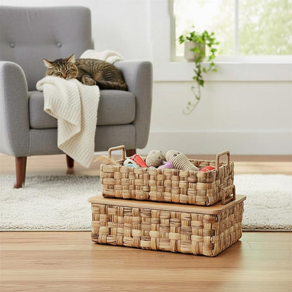Household Essentials Stackable Hyacinth Baskets with Oak Lids, Natural, Set of 2