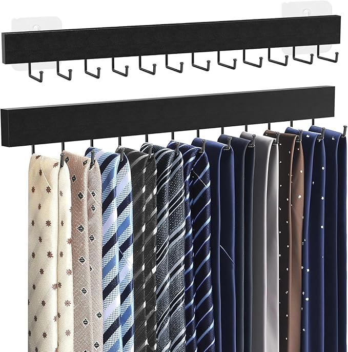 Tie Rack Wall Mount, Adhesive Wooden Closet Tie Hanger with 24 Metal Hooks, Large Capacity, 2 Installation Options, Black, 2 Pcs