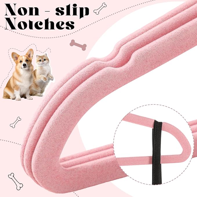 Weysat 12 Pcs Pink Dog Clothes Hangers 11'' Non-Slip & 360° Swivel Velvet Small Pet Hangers for Cats/Dogs with Rustproof Metal Hooks, Space-Saving for Home Storage & Grooming Salons Minimalism