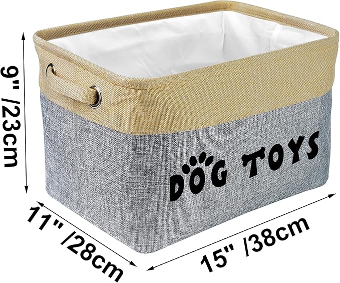 PET ARTIST Dog Toy Basket, Collapsible Dog Toy Bin Box with Comfortable Handles, Large Pet Toy Storage Basket Organizer for Accessories, Toys,Coat & Clothing,Blanket Leash (Gray, M:15"x11"x9")