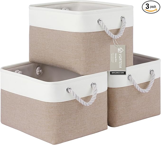 Large Storage Baskets- 15x11x10 inch Storage Bins for Shelves and Closet Organizing, Foldable Fabric Bin for Home Organization Clothes and Laundry (3-Pack, White&Khaki)