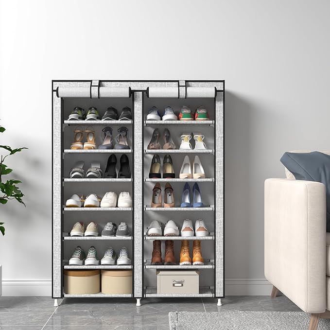 JIUYOTREE 7-Tier Shoe Rack Storage Organizer with Dustproof Cover Closet Cabinet Shelf Holds up to 28 Pairs for Doorway Corridor Balcony Living Room Ash Gray