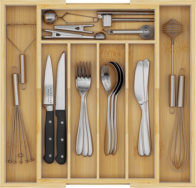 Youpehom Bamboo Utensil Organizer for Kitchen Drawers, Expandable Utensil Tray and Cutlery Silverware Holder,Wood Drawer Dividers with 7 Adjustable Slots