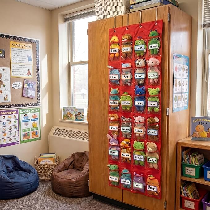 24 Pocket Classroom Reading Buddies Storage Organizer over The Door Hanging Small Stuffed Animal Holder with Card Blank Name Tags Classroom Pocket Chart for Preschool Kindergarten Reading Corner
