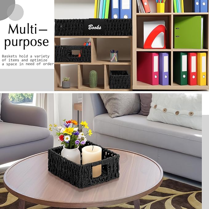 Marsui 9 Pcs Paper Rope Storage Baskets with Handle Labels Handwoven Multi-size Black Storage Bins for Organizing Small Baskets Container for Shelves Closet Pantry Toilet