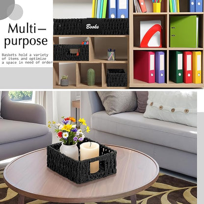 Marsui 9 Pcs Paper Rope Storage Baskets with Handle Labels Handwoven Multi-size Black Storage Bins for Organizing Small Baskets Container for Shelves Closet Pantry Toilet