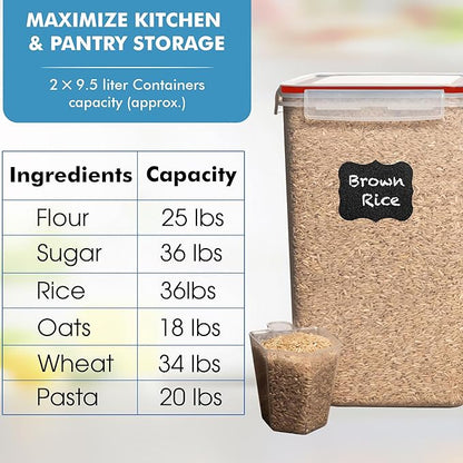 Shazo 2 PC (9.5L | 321 Oz) Extra Large Bulk Food Storage Containers with Airtight Lids for Flour, Sugar, Rice, Cereal & Pasta - Leakproof, BPA-Free Plastic Canisters for Kitchen & Pantry Organization