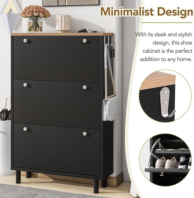 Contemporary Shoe Cabinet with 3 Flip Doors Free-Standing Wooden Shoe Rack Shoe Storage Organizer for Entryway Hallway Small Space (Black&Natural)