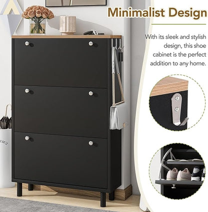 Contemporary Shoe Cabinet with 3 Flip Doors Free-Standing Wooden Shoe Rack Shoe Storage Organizer for Entryway Hallway Small Space (Black&Natural)