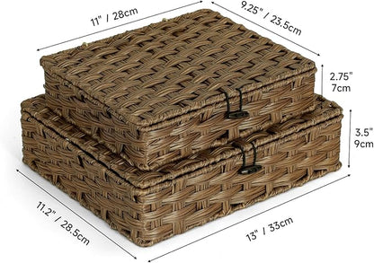 Plastic Wicker Storage Baskets with Lids, 2-Pack Woven Rattan Organizer Bins with Locking Button, Decorative Flat Storage Boxes, 11"x9.25"x2.75" & 13"x11.2"x3.5", Brown