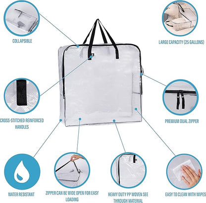 VENO 8 Pack Heavy-Duty Moving Bundle (4 Pack Extra-Large Moving Bag w/Backpack Straps + 4 Pack Over-Sized Clear Organizer Storage Bag)