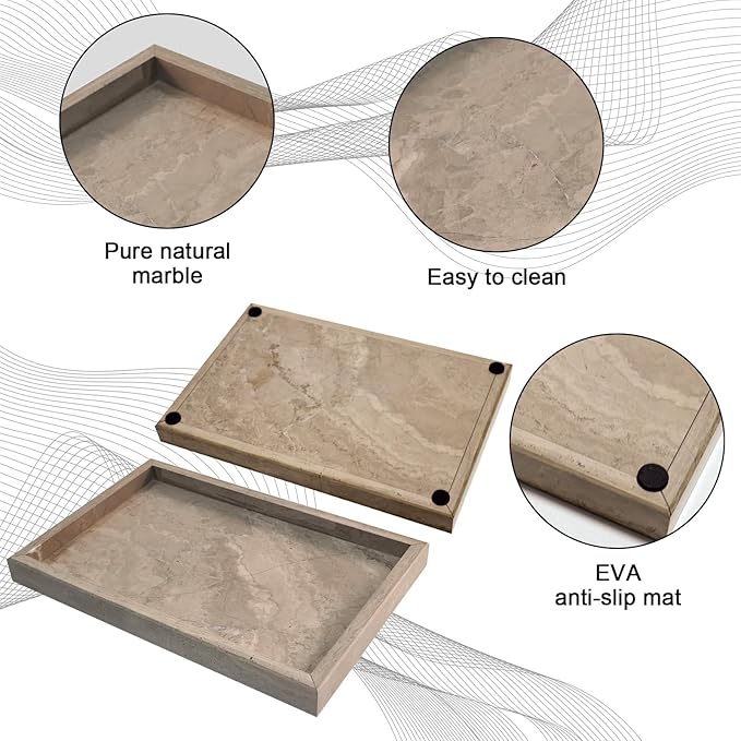 Pure Natural Marble Tray for Bathroom, Dresser, Sink. Cosmetics, toiletries, perfumes, Jewelry, Candles, etc. can be Placed (Floral Wood Grain, 12" x 8" x 1.2")