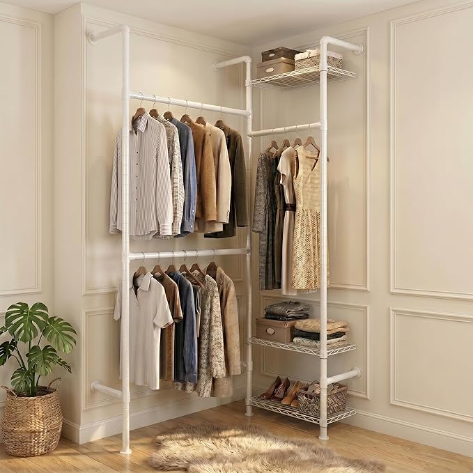 F2 Wall Mounted Closet System, Industrial Pipe Clothing Rack for Hanging Clothes, Heavy Duty Closet Organizer System, Clothes Racks with Shelves & Expandable Rod for Wardrobe, Corner, White
