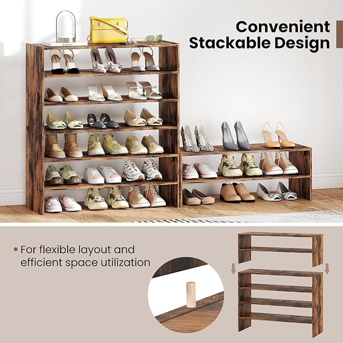 Giantex 3-in-1 Vertical Shoe Rack, 6-Tier Free Standing Shoe Storage Organizer w/Stackable Design for 18 Pairs, 31 Inch Wide Wood Shoe Shelf for Closet, Entryway, Living Room, Office, Brown