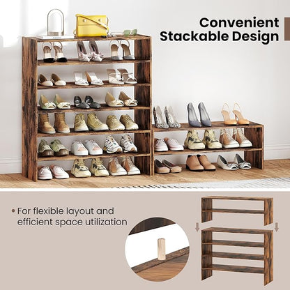 Giantex 3-in-1 Vertical Shoe Rack, 6-Tier Free Standing Shoe Storage Organizer w/Stackable Design for 18 Pairs, 31 Inch Wide Wood Shoe Shelf for Closet, Entryway, Living Room, Office (2, Brown)